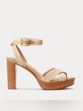 Lauren Ralph Lauren Sasha Braided Raffia Platform Sandals Leather Tan Size 8
